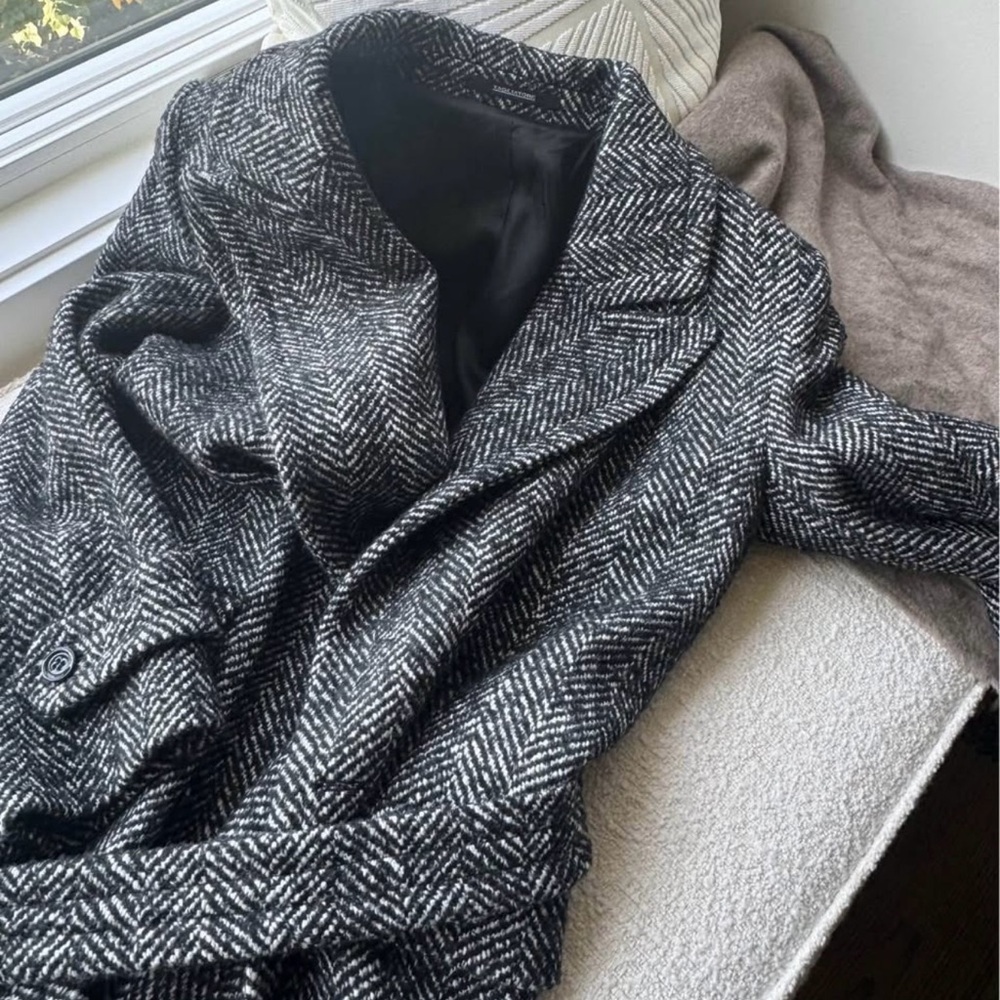Tagliatore Black and White Herringbone Double Breasted Coat